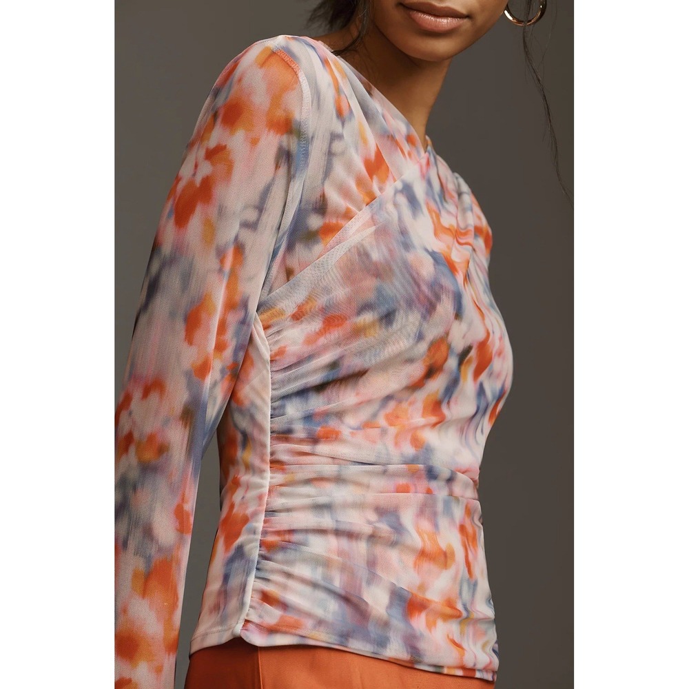 Anthropologie Mesh Crossover Long Sleeve Blouse Watercolor Large Semi Sheer - Picture 2 of 11